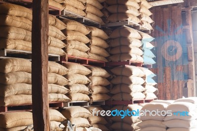 Stack Hemp Sacks Of Rice Stock Photo