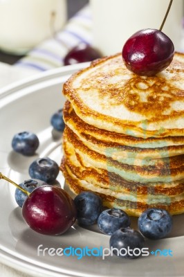 Stack Of Pancakes With Fresh Berries Stock Photo