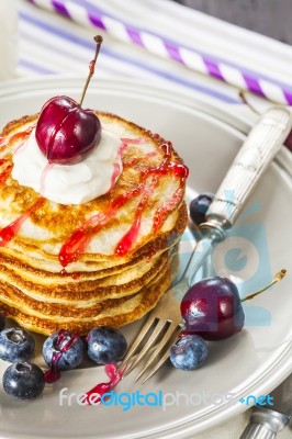 Stack Of Pancakes With Fresh Berries Stock Photo