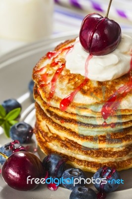 Stack Of Pancakes With Fresh Berries Stock Photo