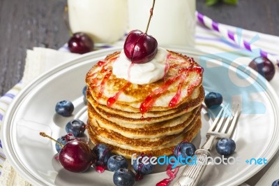 Stack Of Pancakes With Fresh Berries Stock Photo