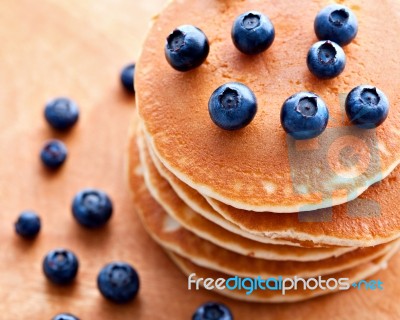 Stack Of Pancakes With Fresh Blueberries Stock Photo