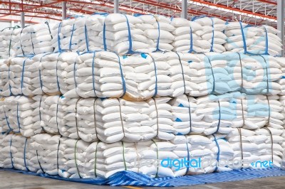 Stacked Sacks Of Meal In Warehouse Waiting For Transportation Stock Photo