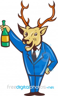 Stag Deer Holding Champagne Wine Bottle Stock Image