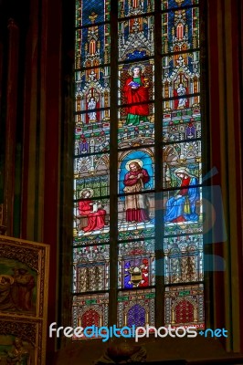 Stained Glass Window In St Vitus Cathedral In Prague Stock Photo