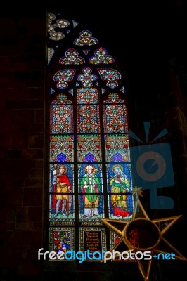 Stained Glass Window In St Vitus Cathedral In Prague Stock Photo