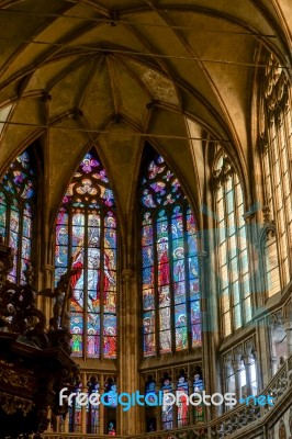 Stained Glass Window In St Vitus Cathedral In Prague Stock Photo