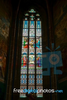 Stained Glass Window In St Vitus Cathedral In Prague Stock Photo