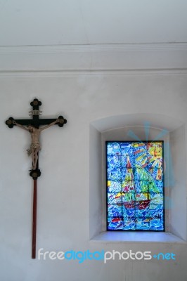 Stained Glass Window In The Catholic Church In Attersee Stock Photo