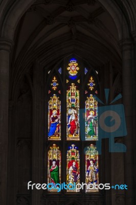 Stained Glass Window In Winchester Cathedral Stock Photo