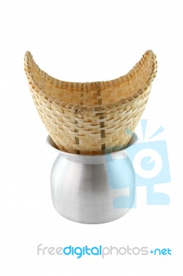 Stainless Pot And Craft For Sticky Rice Cooking On White Background Stock Photo