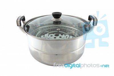 Stainless Steel Pot With Glass Cover On White Background Stock Photo