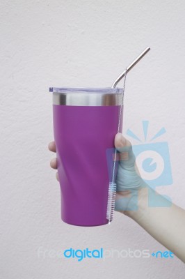 Stainless Steel Straw And Thermos Mugs For Reusable Set Stock Photo