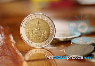 Stand Thai Coins Stock Photo