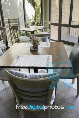 Standard Table Setting Of Hotel Restaurant Stock Photo