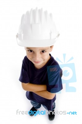 Standing Boy Wearing Helmet Stock Photo