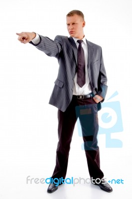 Standing Employee Pointing Stock Photo