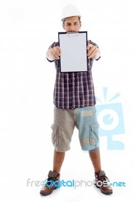 Standing Engineer Showing Writing Pad Stock Photo