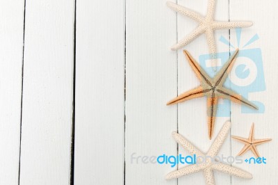 Starfish On White Wood Stock Photo