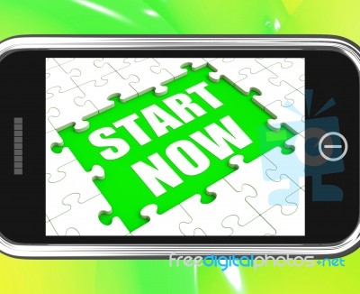 Start Now Tablet Means Begin Immediately Or Don't Wait Stock Image