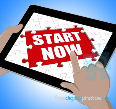 Start Now Tablet Shows Commence Or Begin Immediately Stock Image