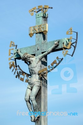 Statuary Of St Cross - Calvary On Charles Bridge In Prague Stock Photo