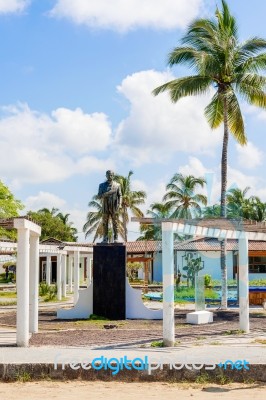 Statue At The Main Square In Puerto Villamil In Galapagos Stock Photo