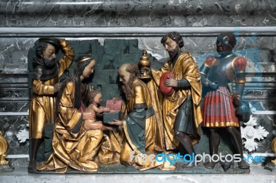 Statue Birth Of Christ In The Catholic Church In Attersee Stock Photo