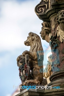 Statue Of A Lion On St. George's Fountain In Rothenburg Ob Der T… Stock Photo