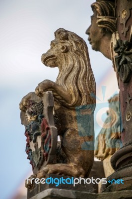 Statue Of A Lion On St. George's Fountain In Rothenburg Ob Der T… Stock Photo