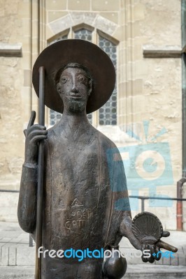 Statue Of A Man Outside St James Church In Rothenburg Stock Photo