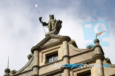 Statue Of A Soldier On Top Of A Building In Rothenburg Stock Photo