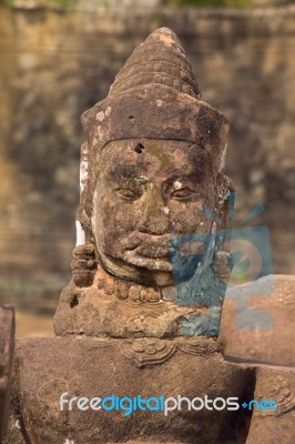 Statue Of Ancient Khmer Warrior Head At Angkor Wat Stock Photo