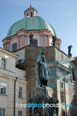 Statue Of King Charles Iv At The Entrance To The Charles Bridge Stock Photo