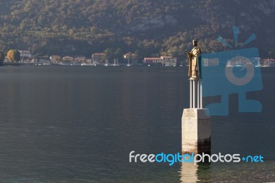 Statue Of San Nicolo In Lake Como Stock Photo