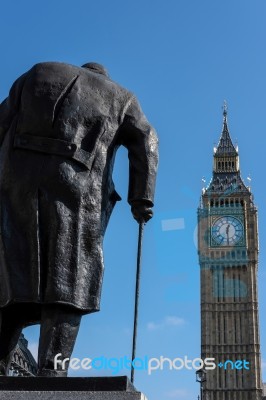 Statue Of Winston Churchill In Parliament Square Stock Photo