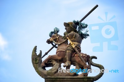 Statue On Top Of St. George's Fountain In Rothenburg Ob Der Taub… Stock Photo