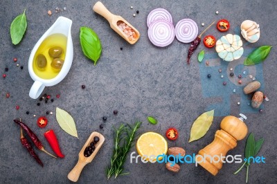 Steak Concept With Dark Stone Background. Ingredients For Making… Stock Photo