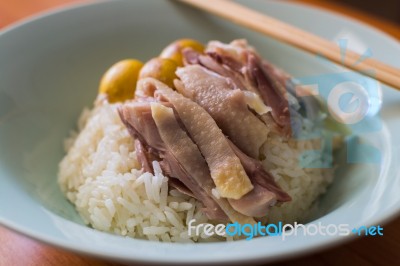 Steam Chicken Meat With Steam Rice In A Dish Stock Photo