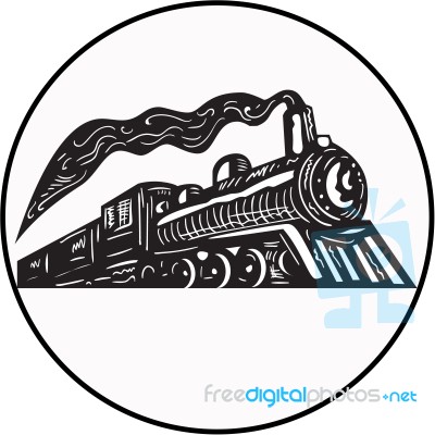 Steam Train Locomotive Coming Up Circle Woodcut Stock Image