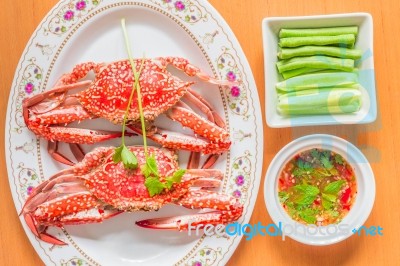 Steamed Crab And Sauce On The Table Stock Photo