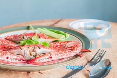 Steamed Crab On A Wooden Stock Photo