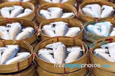 Steamed Fish, Plaa Tuu (mackerel) In Bamboo Steamers At The Seaf… Stock Photo