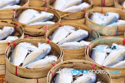 Steamed Fish, Plaa Tuu (mackerel) In Bamboo Steamers At The Seaf… Stock Photo