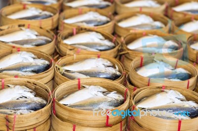 Steamed Fish, Plaa Tuu (mackerel) In Bamboo Steamers At The Seaf… Stock Photo