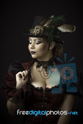 Steampunk Young Woman Emotional Portrait Stock Photo