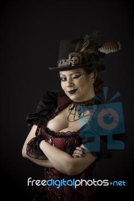 Steampunk Young Woman Emotional Portrait Stock Photo