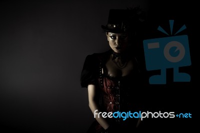 Steampunk Young Woman Emotional Portrait Stock Photo