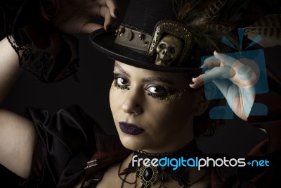 Steampunk Young Woman Emotional Portrait Stock Photo