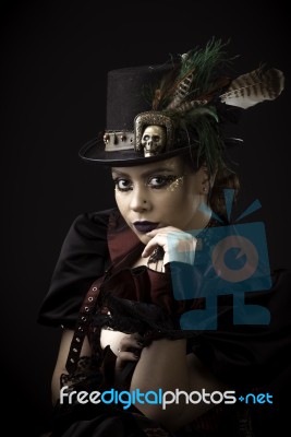 Steampunk Young Woman Emotional Portrait Stock Photo